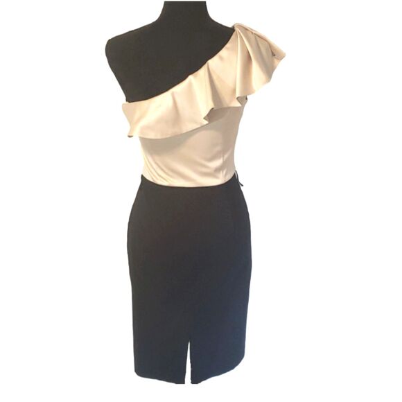 White House Black Market Tan Black One Shoulder Cocktail Dress Size 0 - Picture 6 of 6